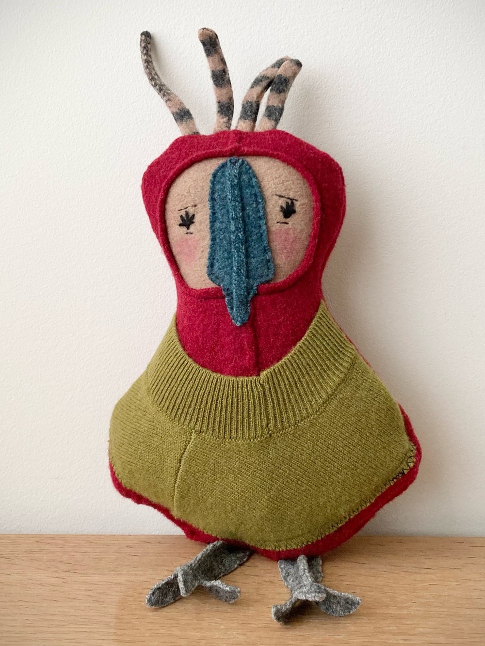 joodito red bird reclaimed wool cashmere sweater pillow folk art doll wabi sabi